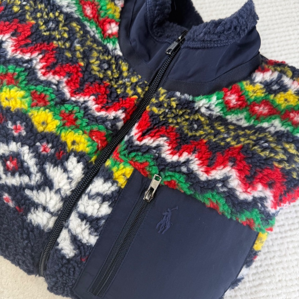 Polo Ralph Lauren Kids Navy Blue Fair Isle Sherpa Fleece Jacket Full Zip L 14-16